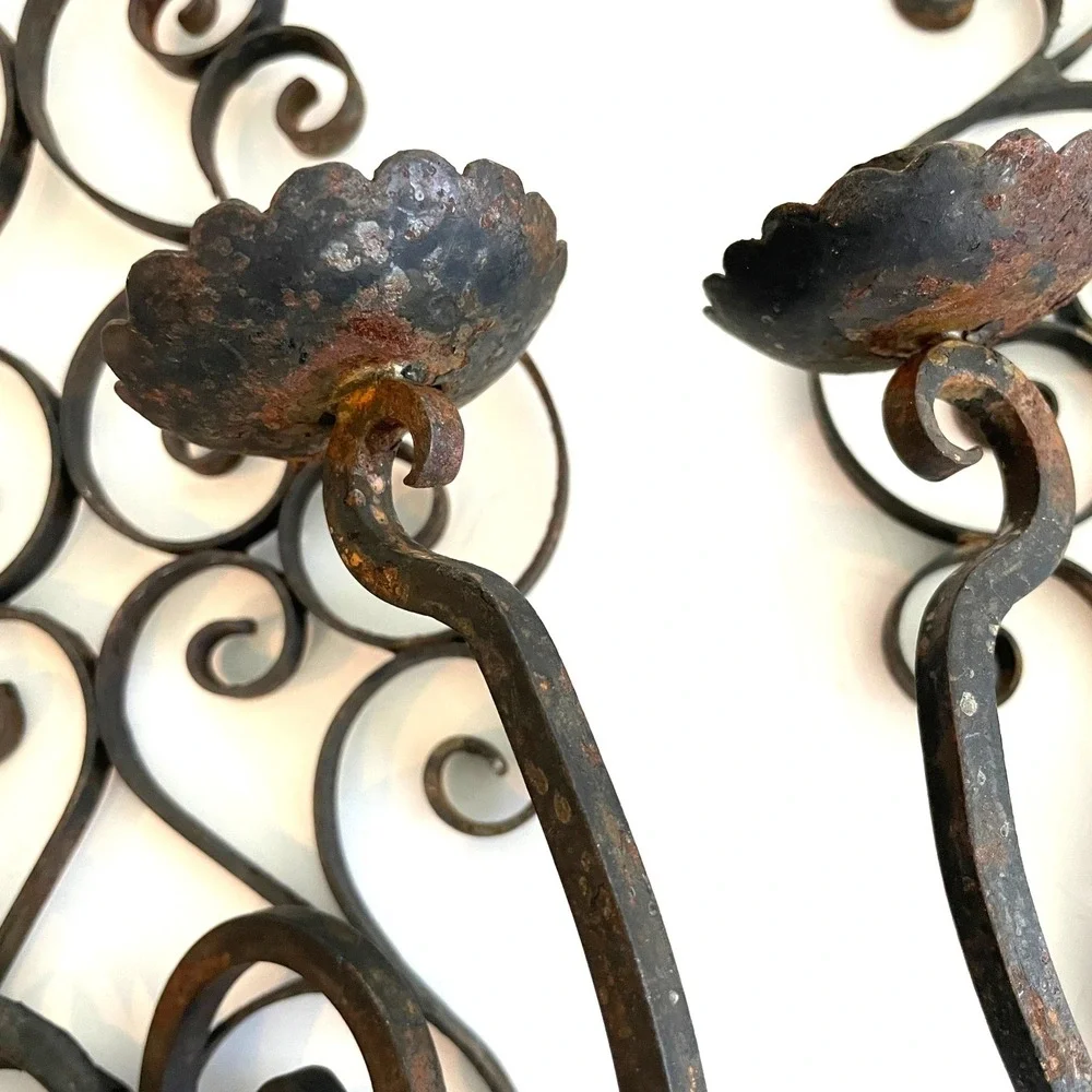 Vintage Wrought Iron Scroll Wall Sconce Pair Rustic Gothic Candle Holder Set